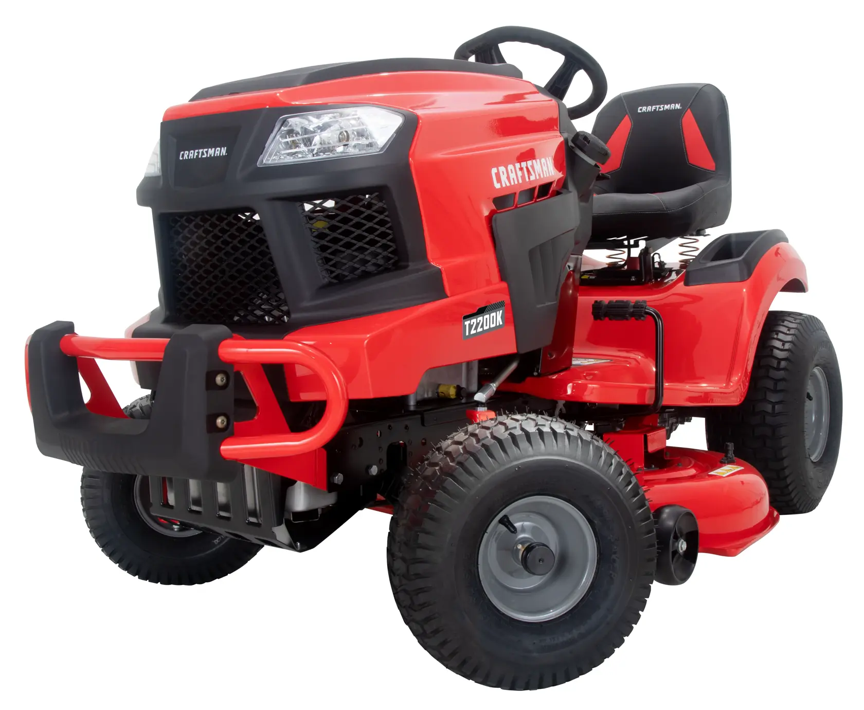 CRAFTSMAN T2200K lawn tractor with red brush guard, angled studio view